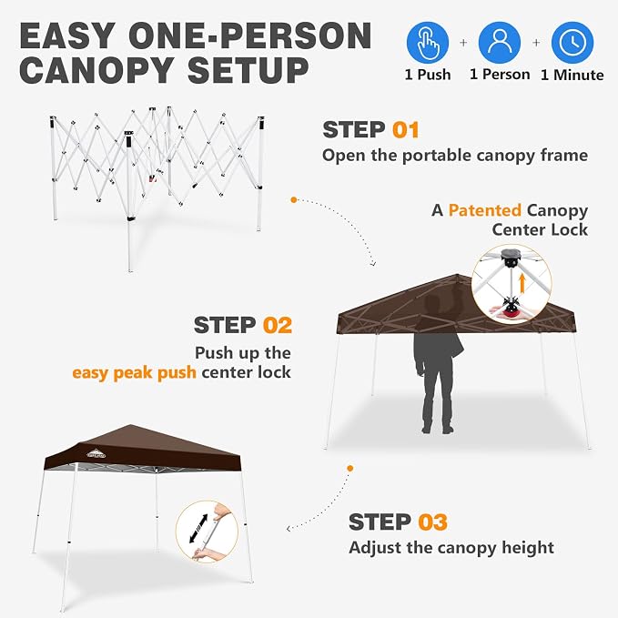 EAGLE PEAK 10x10 Slant Leg Pop-up Canopy Tent Easy One Person Setup Instant Outdoor Beach Canopy Folding Portable Sports Shelter 10x10 Base 8x8 Top (Brown)