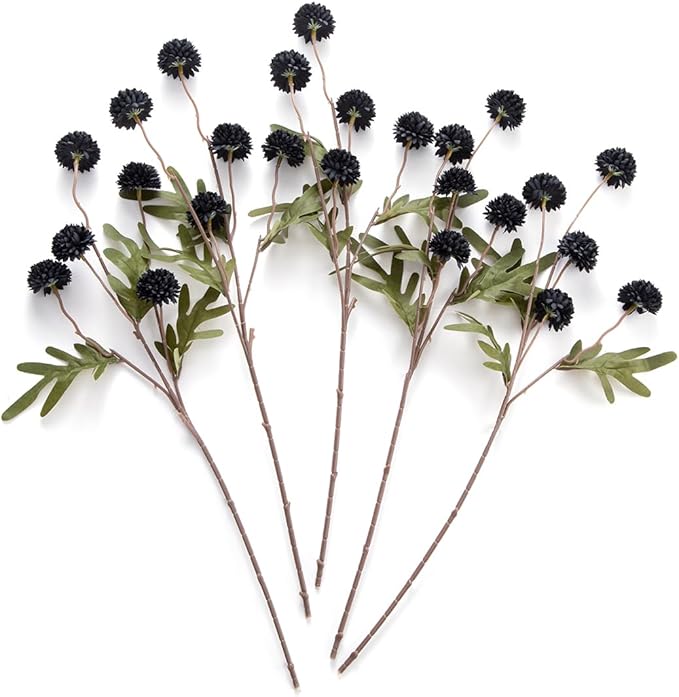 Laelfe Black Kiku Artificial Flower - 5 Pcs Fake Pompon Mums Silk Small Chrysanthemum Faux Ball Flower Stem Decor for Home Wedding Filler DIY Bouquet Centerpieces Arrangements Shower(Black)