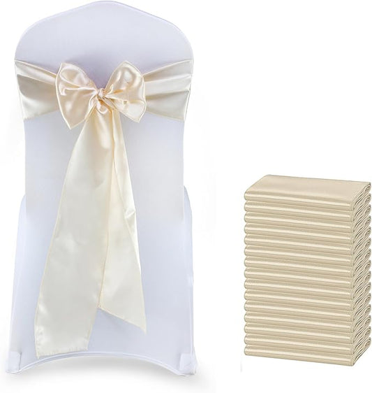 MDS Satin Chair Sashes, 100 Pack, 7”x108” Each, Decorative Chair Bows Ribbon Tie Backs for Wedding Party, Holiday Dinner, Birthday, Reception, Banquet, Hotel & Event Decoration - Cream