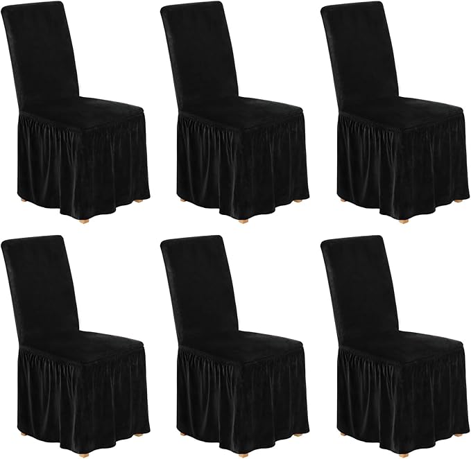 NICEEC Spandex Chair Covers for Dining Chairs Covers Set of 6 Removable Dining Room Chair Covers with Skirt Parson Chair Slipcovers Washable Chair Protector for Kitchen Wedding Party Banquet(Black)