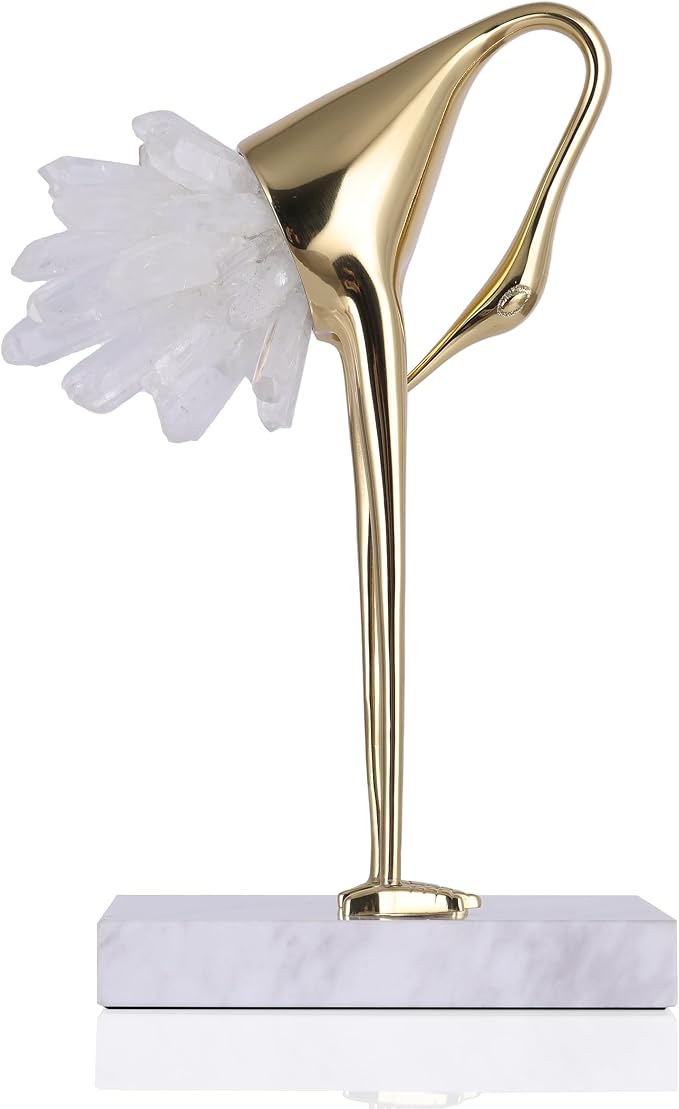 suruim Elegant Gold Crane Bird Statues with Crystal Tail Accents, Decorative Brass Figurines for Home Decor (White C)