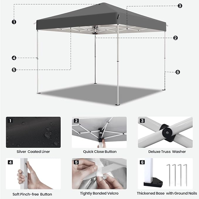 8x8 Pop Up Canopy Tent,Outdoor Canopy with Carry Bag,Easy Up Canopy with 3 Adjustable Height, Outdoor Gazebo Straight Legs,UPF 50+ Event Shelter Tents for Parties,Camping,Market,Patio(Grey)
