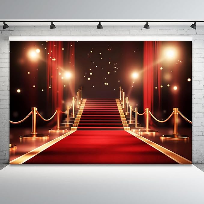 15x8ft Red Carpet Backdrop Golden Red Curtain Photography Background Glitter Dots Stairway Movie Premiere Award Ceremony Catwalks Stage Banner Decorations Kids Portrait Photo Booth Prop