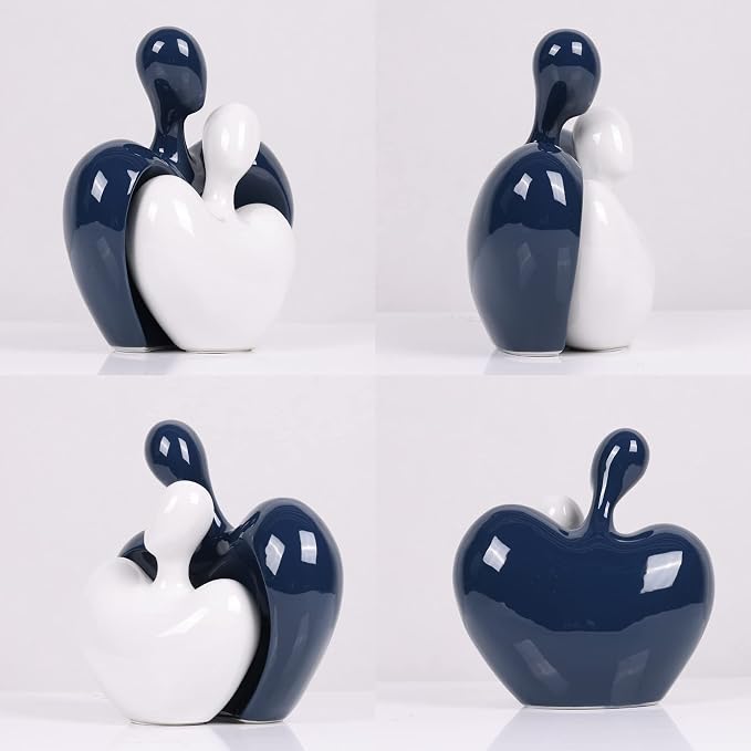 Ceramic Love Statue, Couple Hug Sculpture, Blue and White Home Decor, Modern Home Decor, Love Symbol Statue on Living Room Shelf, Set of 2