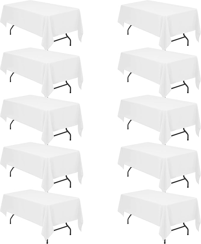 BRILLMAX 10 Pack White Tablecloths 60 x 102 Inch for 6ft Rectangle Tables - 150 GSM Polyester Fabric, 15" Standard Drop, Water, Stain & Wrinkle Resistant Cloth Cover for Wedding Dining Buffet
