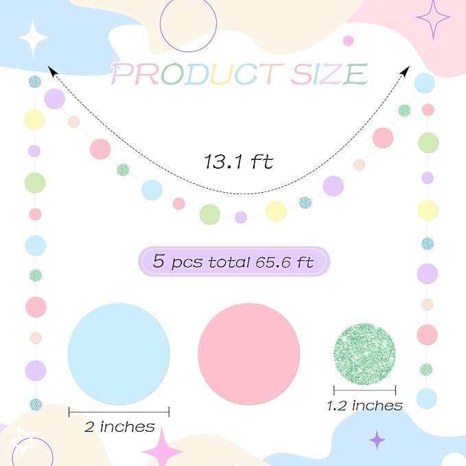 Outus 5 Pieces Colorful Circle Garland Banner Hanging Paper Dot Decorations for Classroom, Birthday Party, Baby Shower, Wedding Backdrop & Photo Booth Graduation Decor (Pastel)