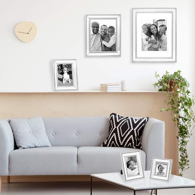 Isaac Jacobs 8x10 Silver Beveled Mirror Picture Frame - Classic Mirrored Frame with Slight Slanted Angle Made for Wall Décor Display, Tabletop, Photo Gallery and Wall Art (8x10, Silver)