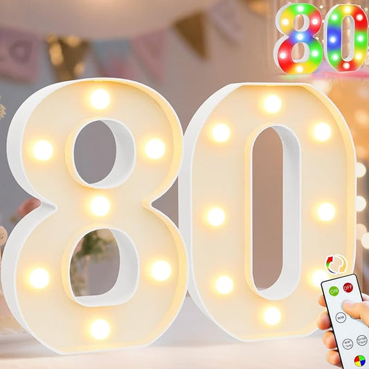 Pooqla 80th Birthday Decoration for Her Him, Decorative LED Light Up Numbers, Marquee Numbers 80 Sign for Party Backdrop 80th Wedding Anniversary Decor Gift, Warm White and Colorful Number 80