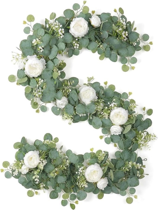 2pcs Artificial Flowers Garland 6FT Silk Peony Vine with Eucalyptus Leaves Faux Floral Garlands for Wedding Arch Door Wall Hanging Party Home Decoration (White)