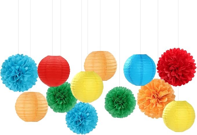 Rainbow Colorful Party-Decorations Paper-Flowers - 15pcs Welcome Back to School Tissue Pom Poms Lanterns Streamers,Carnival Video Game Kids Birthday Graduation Baby Shower Hanging Supplies Hugfond
