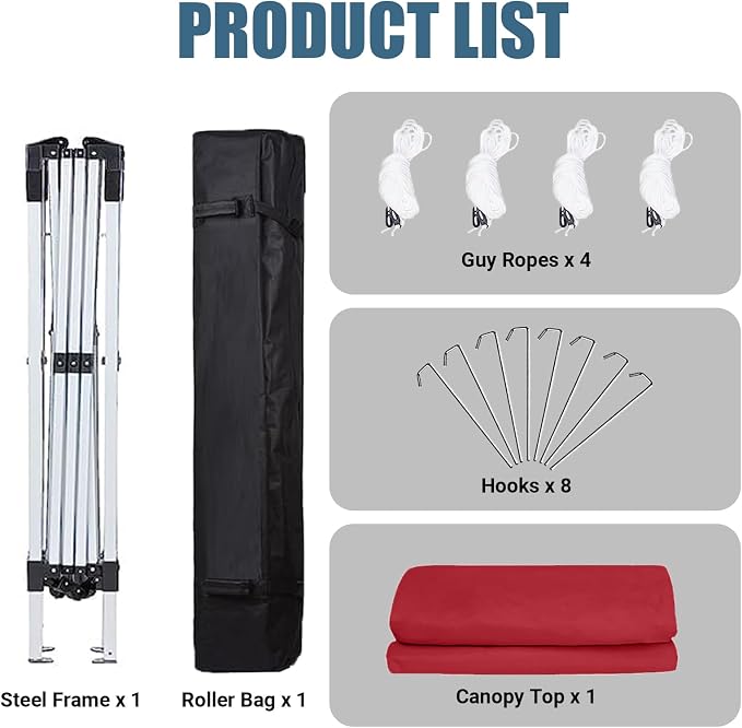 10x10 Pop Up Canopy Tent, Instant Folding Outdoor Shelter with High Strength Steel Frame and Handheld Carry Bag, Ground Stakes and Wind Ropes for Backyard Party, Camping, Beach Events, Red