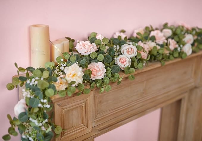 Anna's Whimsy 2PCS 5.91FT Artificial Eucalyptus Garland with Flowers, Fake Rose Gypsophila Garland, Faux Floral Garlands Greenery for Wedding Spring Home Party Table Runner Decor (Pink)