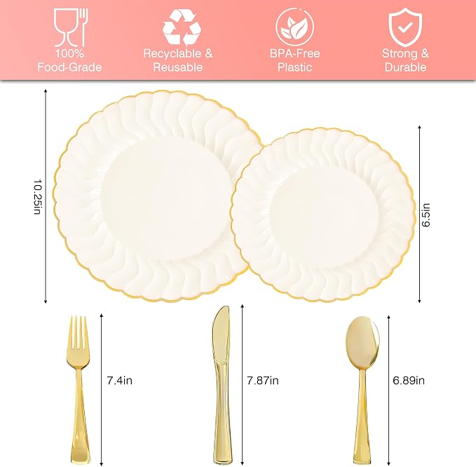 Ivory Disposable Plastic Plates 125pcs Scalloped Gold Rim for 25 Guests | Includes 25 Dinner and Dessert Plates 75 Gold Cutlery Elegant Tableware for Wedding Birthday Baby Shower Valentine Parties