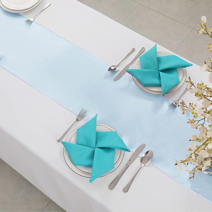 Horbaunal 12 Pack Light Blue Satin Table Runner 12 x 108 Inch, Smooth Table Runners for Wedding Banquets Birthday Party