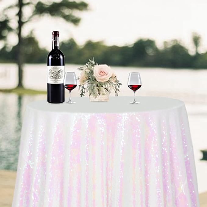 ShiDianYi White Iridescent Tablecloth Round 72 Inch Sequin Tablecloth Birthday Decorations Glitter Round Tablecloth White Table Cloth Overlay for Cake Table Wedding Tablecloth