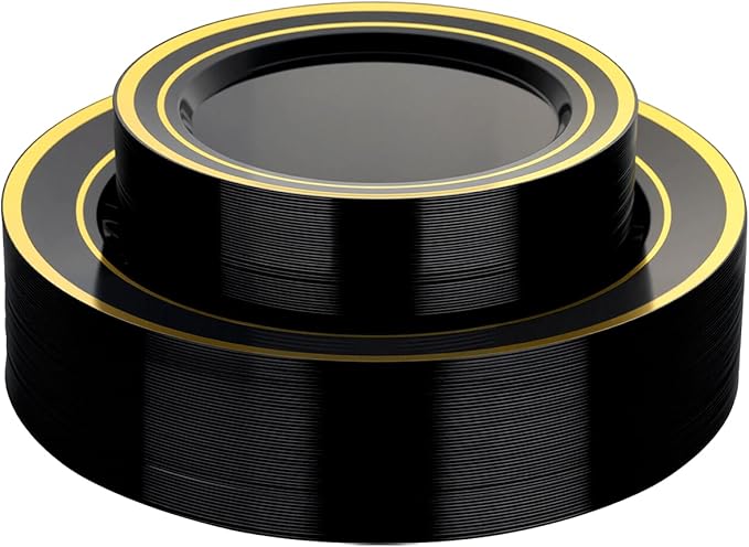 Goodluck 120PCS Black Plastic Plates with Gold Rim, Heavy Duty Disposable Black Plates with 60 10.25 inch Dinner Plates and 60 7.5 inch Dessert Plates for Party, Holiday, Wedding