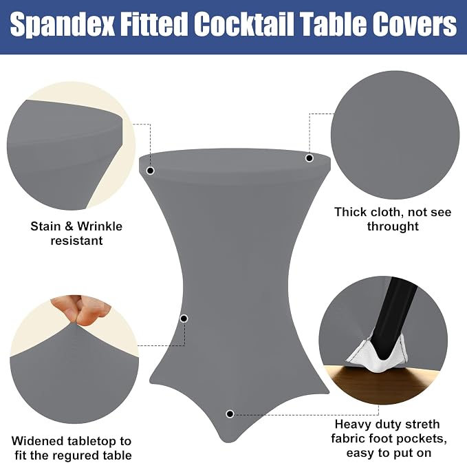 Moosfor Spandex Cocktail Table Covers 4 Pack, Elastic Fitted Stretch Table Cloth, Round High Top Tablecloths for Bar, Party, Pub, Wedding & Banquet (Grey, 32x43 Inch)