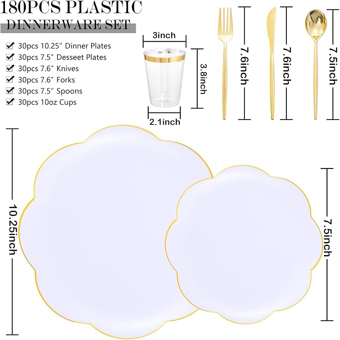 ejonirinjonir EI 180pcs White Plastic Plates with Gold Plastic Silverware,Heavy-Duty Disposable Plates for Party,White Dinnerware Set for 30 Guest Wedding,Birthday,Spring Afternoon Tea