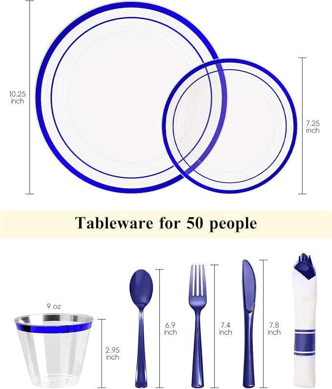 Goodluck 350 Pcs Disposable Clear Blue Plates and Napkins Party Supplies | Include 100 Plastic Plates, 50 Pack Pre Rolled Napkins with Silverware, 50 Cups for Wedding, Graduation, Birthday Party