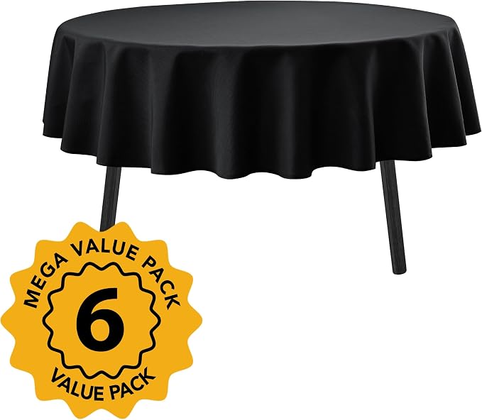 6-Pack Black Round Tablecloths, 90 Inches, Stain-Resistant Polyester for 4-5 Ft Round Tables - Washable Table Covers for Weddings, Banquets, Birthday Parties, Events