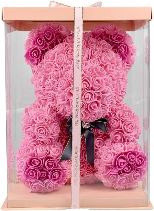 Hand Made Rose Bear Artificial Flower Gift for Mather's Day Birthday Valentine's Day with a 15" Pink Gift Box (Pink-Hot Pink Foot)