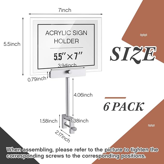 FoldTier 6 Set 5.5 x 7 Inch Clothing Rack Sign Holder Aluminum Alloy Retail Sign Holder with Clamp Acrylic Frame for Retail Stores Price Card Display(Silver)