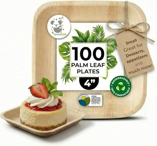 Palm Leaf Plates 4 Inch Bamboo Plate Disposable 100 Pack Small Dessert and Appetizer Square Party Plates Biodegradable Compostable Cocktail Better Than Paper Plate By KoalaLove