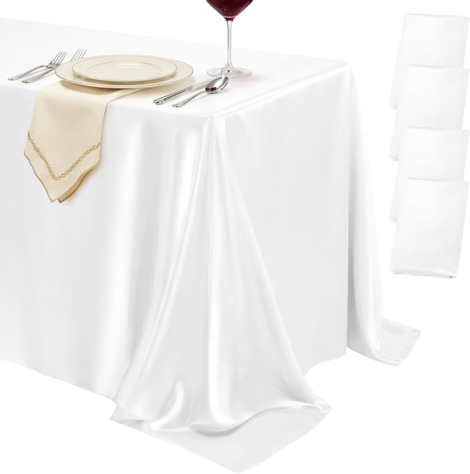 4 Pack White Satin Tablecloth 58 x 102 Inches, Rectangular Satin Table Cloths for Wedding Reception, Birthday Party, Graduation & Holiday Banquet Tables
