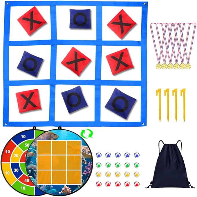 Giant Tic Tac Toe Outdoor Games, Bean Bag Toss Games, 26" Dart Board Game Double-Sided with Sticky Balls for Boys and Girls Ages 4-12 Kids Adults Family Lawn Yard Large Carnival Games