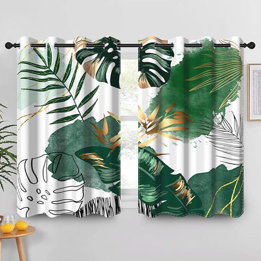 Tropical Green Palm Leaves Blackout Curtains Boho Style Mid Century Leaves Window Curtains Treatment Sets Living Bedroom Room Darkening Drapes Dining Room Kitchen Decor,26x45 inch,2 Panels