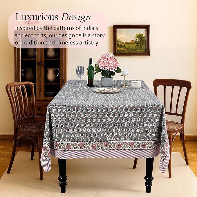 CPC Tablecloth 100% Cotton 80x120 Inch Indian Block Print Rectangle Table Cover, Blue Table Cloth for Weddings, Spring/Summer, Barbeque - Labra Grey