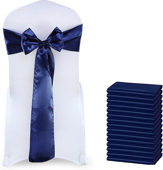 MDS Satin Chair Sashes, 100 Pack, 7”x108” Each, Decorative Chair Bows Ribbon Tie Backs for Wedding Party, Holiday Dinner, Birthday, Reception, Banquet, Hotel & Event Decoration - Navy Blue