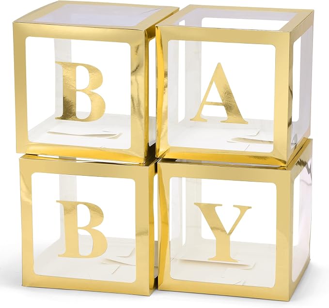 Baby Boxes with Letters for Baby Shower Decorations - 4 Transparent Balloon Boxes for Gender Reveal (Gold)