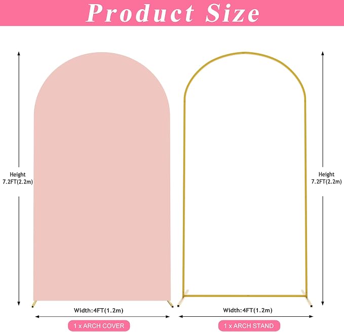 Putros Arch Backdrop Stand and Cover Set, 7.2ft, Gold Arch Stand with Pale Pink Cover, Metal Arched Background Frame for Wedding, Birthday Party, Baby Shower, Photography Decoration