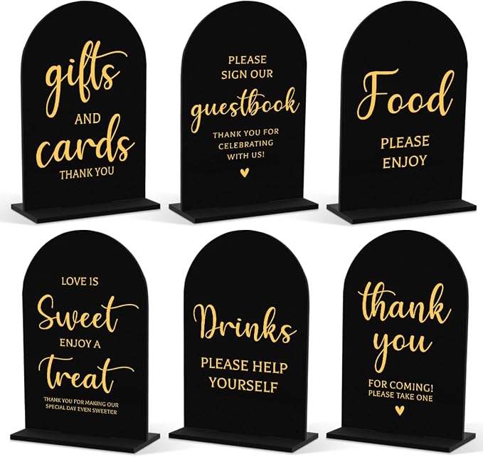 6 Pcs Wedding Sign Decor, Ceremony Sign, Wedding Sign for Reception & Event Party,Bridal Shower Decorations, Wedding Table Sign Accessories for Anniversary and Event 5x7 Inch Black Gold