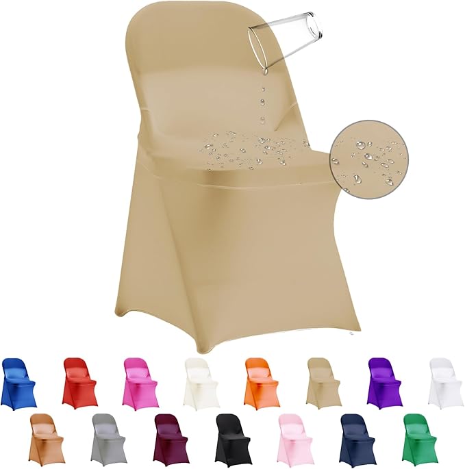 12 PCS Waterproof Stretch Spandex Folding Chair Covers, Dining Room Chair Slipcovers Protector for Wedding, Banquet, Party, Holidays, Celebration and Decoration（Champagne）