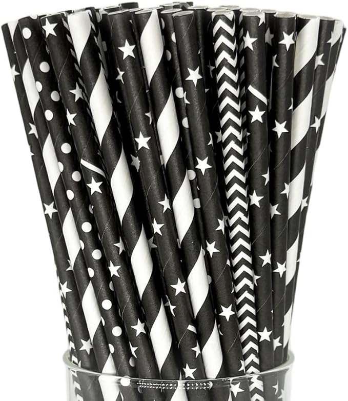 200 Black Straws, Biodegradable Black and White Paper Striped Straws for Birthdays, Coffee, Cocktail, Lemonade, DIY Decorations, Party Supplies, Weddings, New Year, Halloween, Christmas