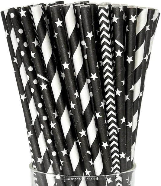 200 Black Straws, Biodegradable Black and White Paper Striped Straws for Birthdays, Coffee, Cocktail, Lemonade, DIY Decorations, Party Supplies, Weddings, New Year, Halloween, Christmas