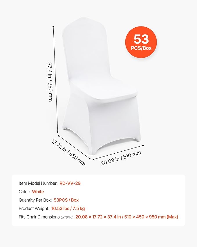 VEVOR Chair Covers, Polyester Spandex Chair Cover, Stretch Slipcovers for Wedding Party Dining Banquet Flat-Front Chair Covers (White-a, 53PCS)