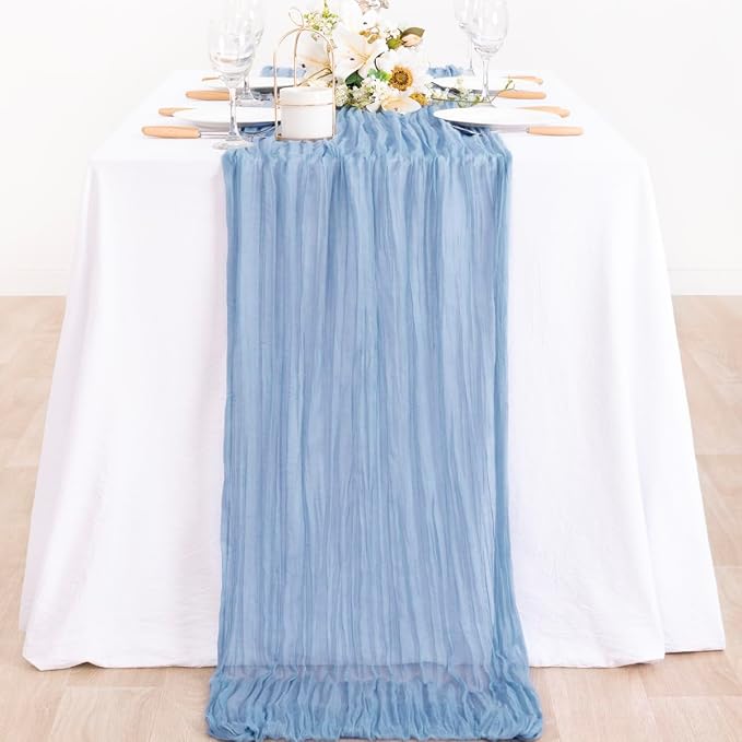 MLMC 6 Pack Dusty Blue Table Runner 10ft Boho Gauze Cheesecloth Table Runner Bulk 65x120 Inches Rustic Cheese Cloth Decor for Wedding Bridal Shower Baby Shower Party Decor