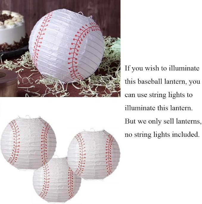 Easy Joy 8'' Baseball Paper Lanterns Sports Team Party Baseball Hanging Lantern Softball Party Decorations 3 Pieces