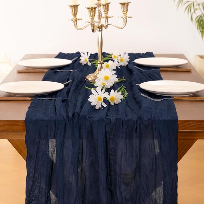 Socomi Navy Blue Summer Cheesecloth Table Runner Boho Rustic Gauze 120 inch 10FT Cheese Cloth Sheer Runner for Wedding Party Baby Shower Birthday Home Decor Holiday Decorations
