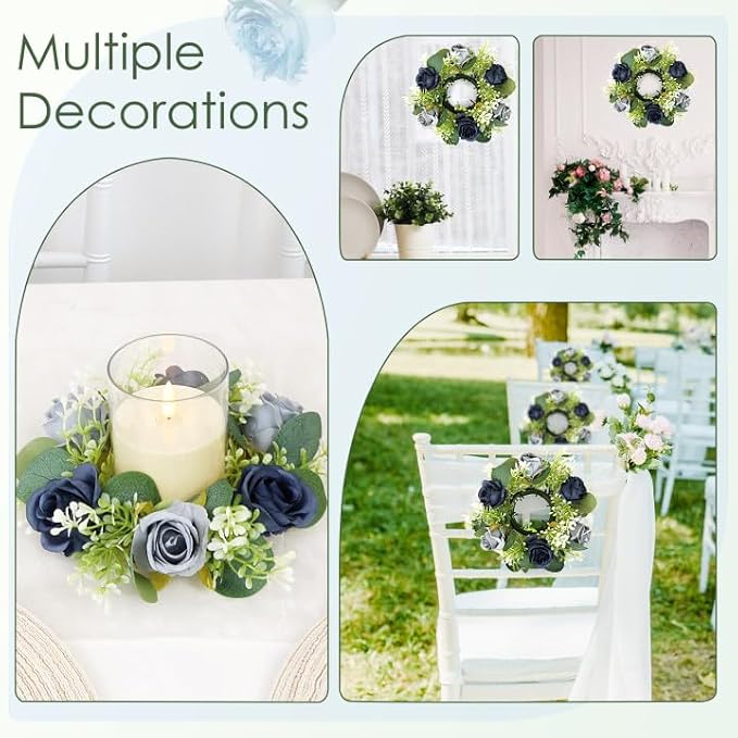 Blue Rose Candle Rings with Flameless Candles Sets - 12PCS Artificial Flower Eucalyptus Wedding Centerpiece 3 Inch Pillar Candleholders Wreaths for Wedding Party Decor (Dusty Blue &Silver Rose)
