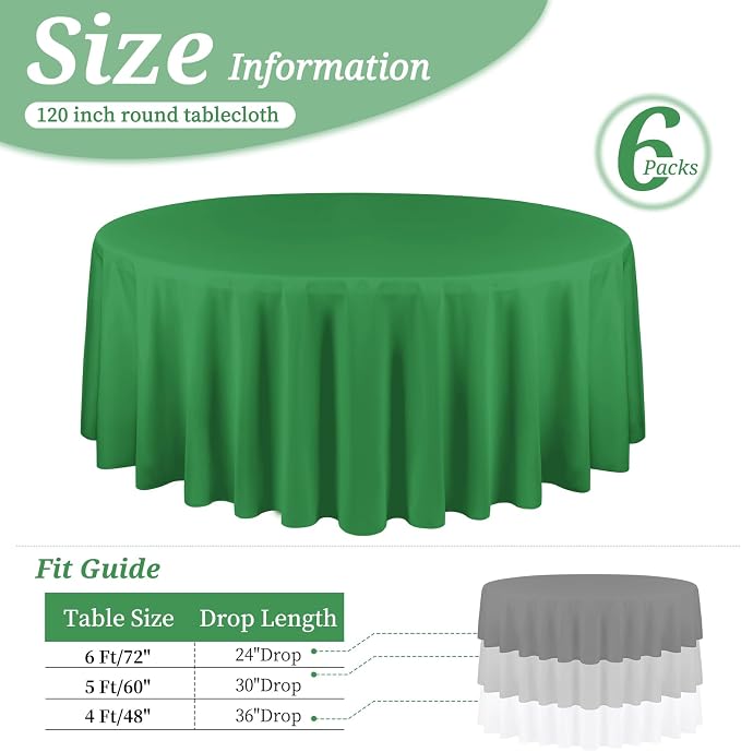 YMHPRIDE 6 Pack Round Tablecloth Green Table Cloth 120 Inch Polyester Round Table Cloth,Green TableCloths Round Washable Fabric Table Covers for Wedding,Party,Dining,Banquet
