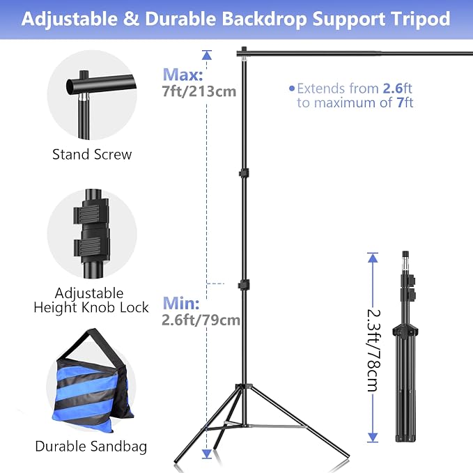 EMART Photo Video Studio Backdrop Stand Kit, 7×10ft Adjustable Photography Support System with Polyester Background(Black/White/Green Screen), Spring Clamps and Carry Bag for Photoshoot
