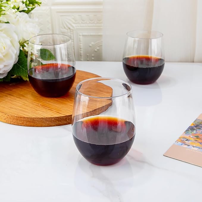Ciaell 24 Pack Clear Plastic Wine Glasses - 12 Oz Plastic Stemless Glasses - Disposable Wine Cups for Parties & Weddings & Birthdays