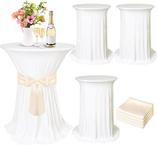Kochorie 4 Set Cocktail Table Covers with Satin Sash, 32 x 43 Inch Round Cocktail Table Skirt, Spandex Stretch High Top Tablecloth for Wedding Banquet Birthday Party Decorations, (Ivory, Champagne)