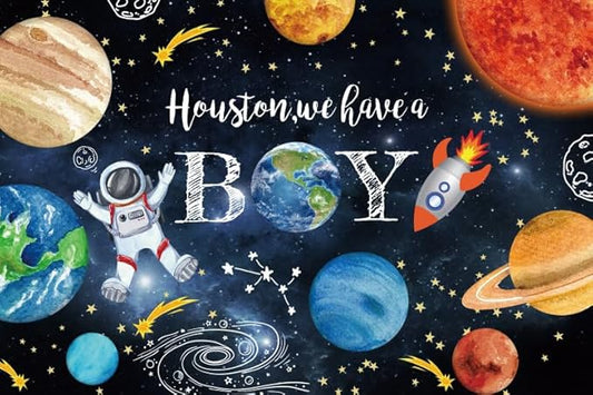 20x10ft Houston We Have a Boy Decorations Backdrop Baby Shower Party Outer Space Rocket Astronaut Planets Star Solar System Background Birthday Party Banner Polyester Fabric