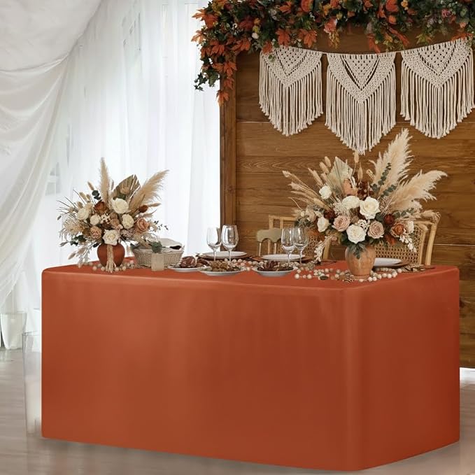 HolidayIdeas 4-Pack 6ft Rust 3-Sided Fitted Tablecloth for Fall | open back table cover; autumn wedding desk covers; reusable overlays for banquet events or outdoor craft shows