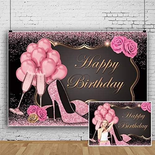 Rose Gold Glitter Happy Birthday Backdrop,Yeele 7x5ft Sweet Pink Balloons Sequin High Heels Champagne Flower Birthday Photography Background for Women Girl Party Supplies Cake Table Decoration Banner